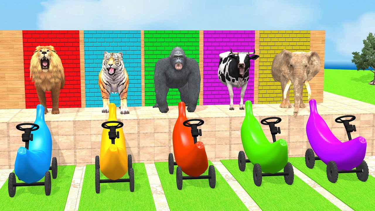 Long Slide Game With Cow Elephant Gorilla Hippopotamus Tiger 3d Animal Game Funny 3d AnimalsVideo