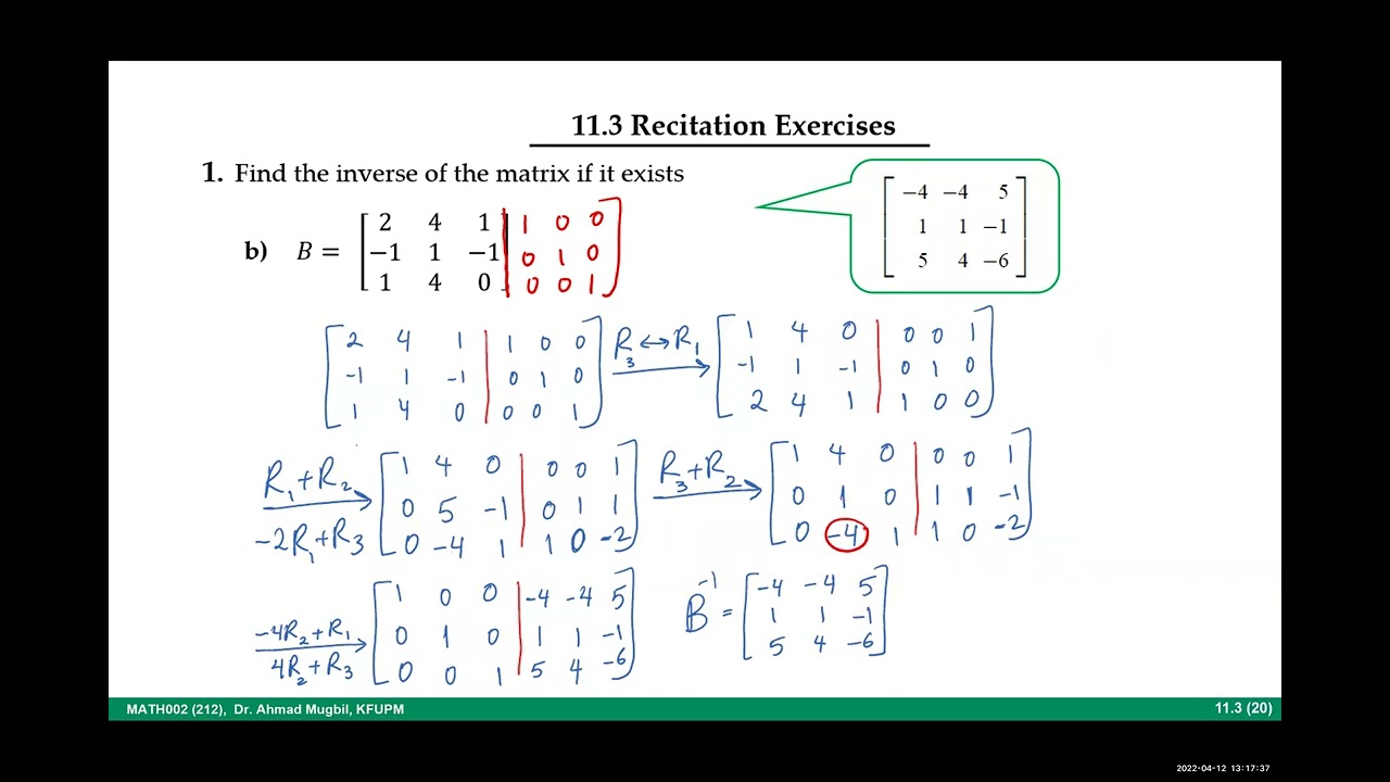 MATH002, 11.3 (2) Recitation Exercises (Inverses of Matrices & Matrix Equations)