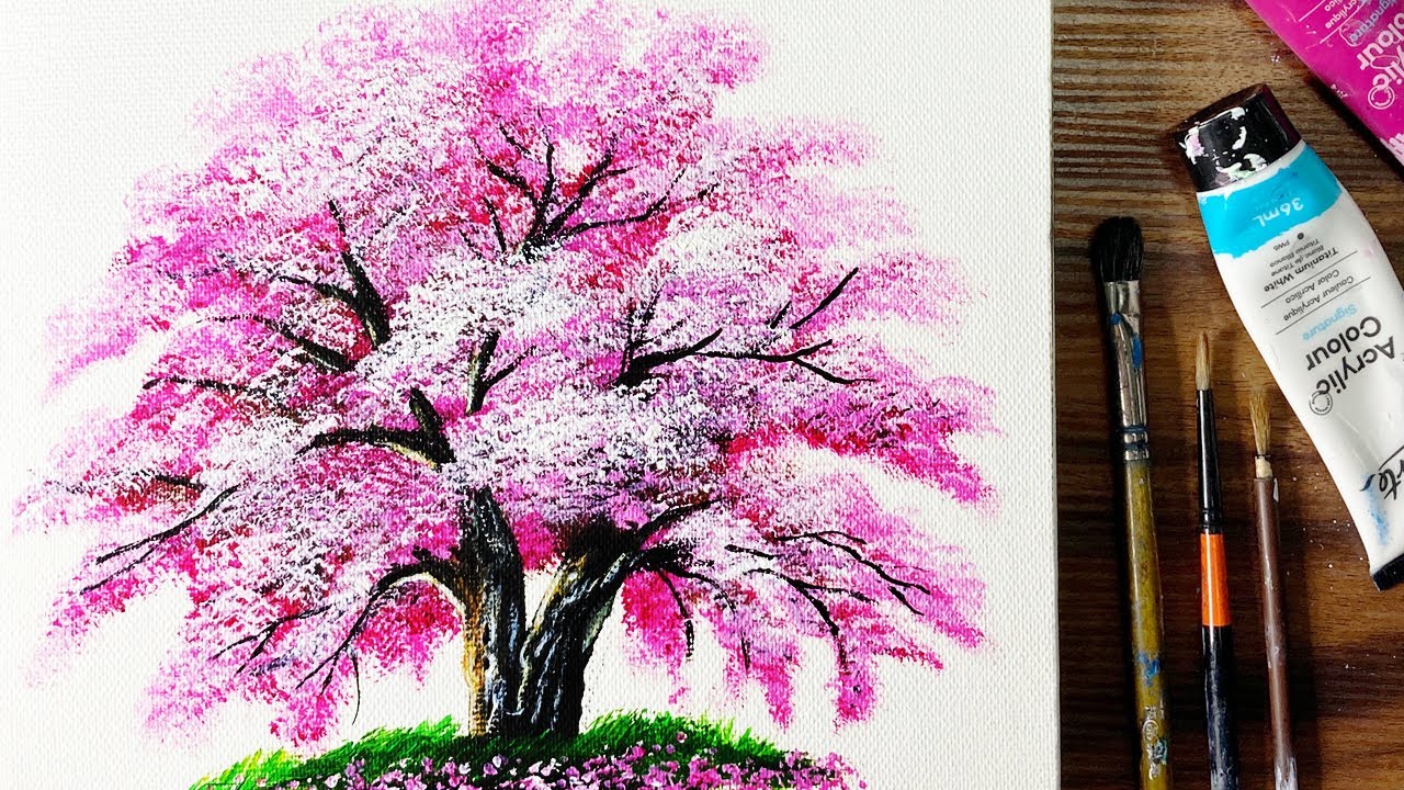 アクリル絵の具で 桜の木 の描き方 Acrylic Painting 家で一緒にやってみよう お絵描き Stayhome Asmr 170 Youtube
