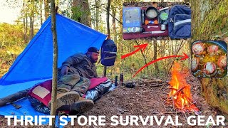 Solo Overnight Doing a $25 Thrift Store Survival Gear Challenge In the Woods and Bacon Wrapped Steak