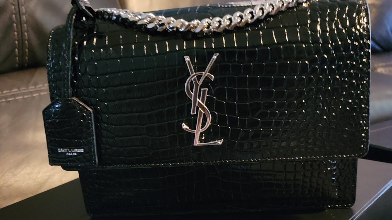 Saint Laurent Medium Sunset Satchel In Crocodile-Embossed Shiny Leather  Black/Gold