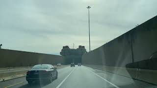 Driving underwater through Monitor–Merrimac Memorial Bridge–Tunnel MMMBT on Interstate-664, Virginia