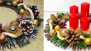 Christmas decoration idea with branches, pine cones and nuts. DIY Christmas craft ideas