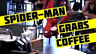 SpiderMan Grabs Coffee