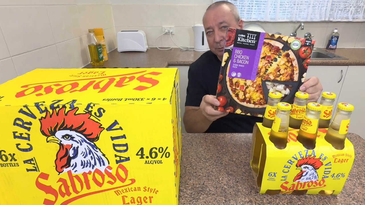 Beer & Pizza For Dinner ( Sabroso Mexican Lager + Coles Kitchen Chicken & Bacon Pizza )