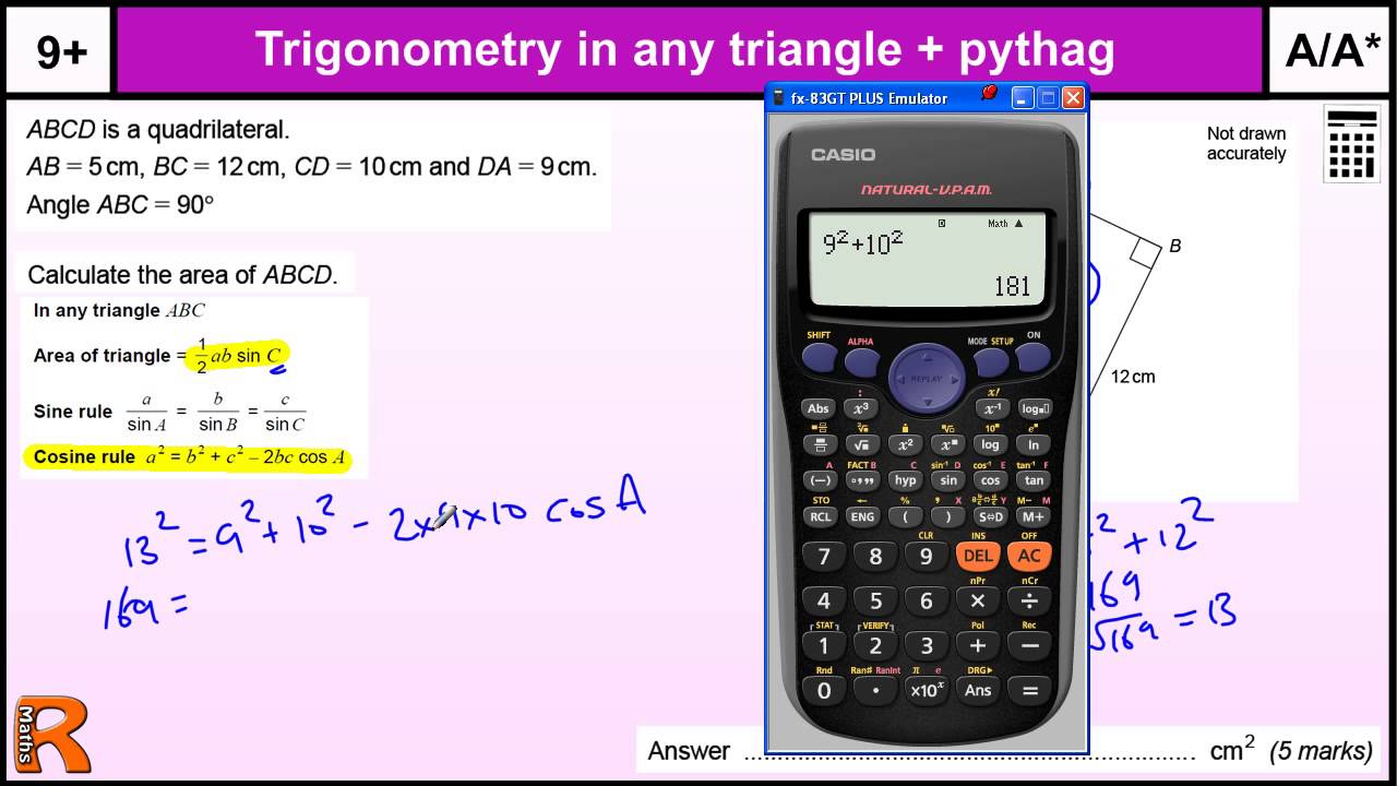 Cosine Rule and Area of any triangle, GCSE Maths revision Exam paper practice