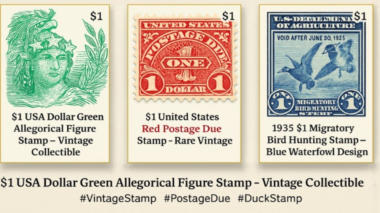 Vintage $1 US Stamps Collection – Green Allegory, Red Postage Due  display picture 1