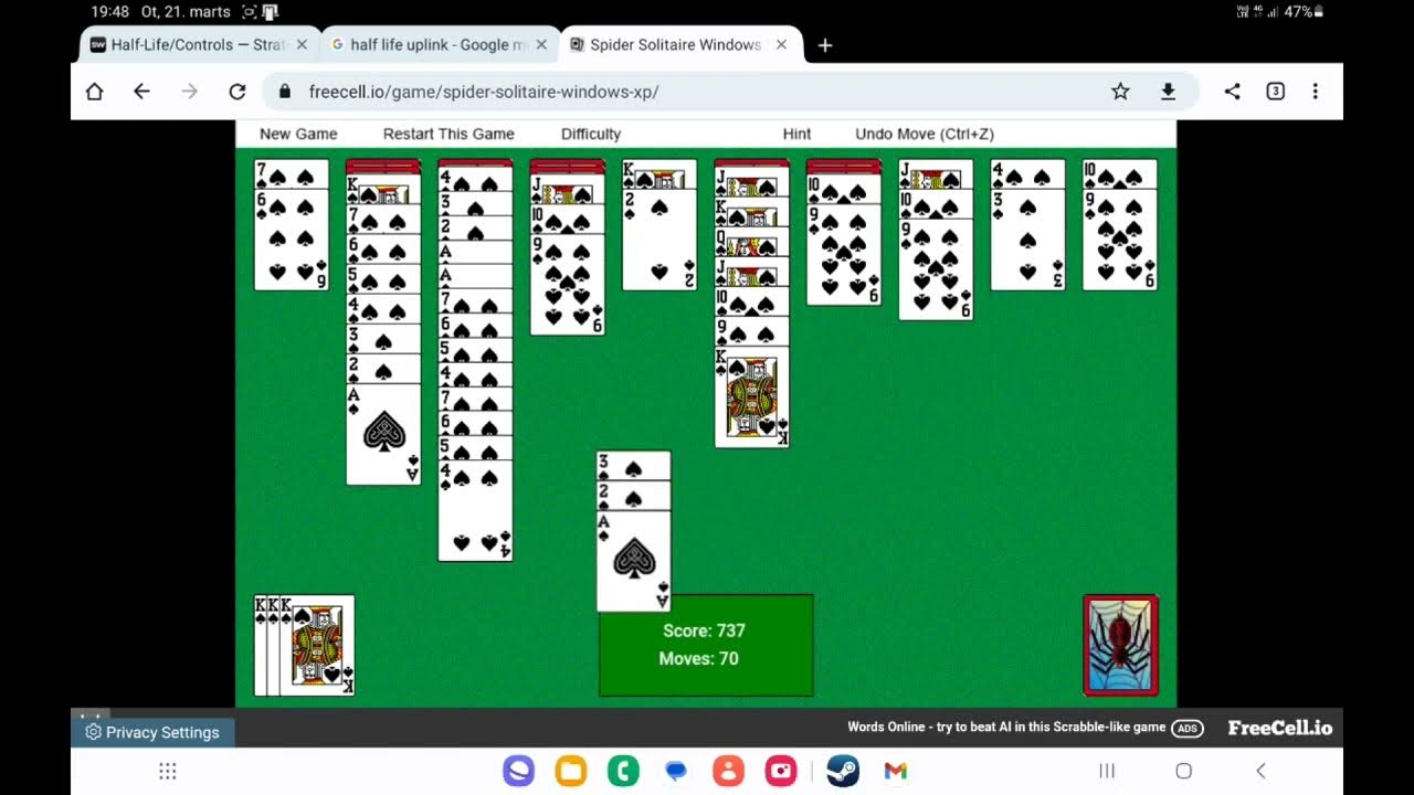 Spider Solitaire for Windows XP Online - played on Samsung Galaxy Tab A8 