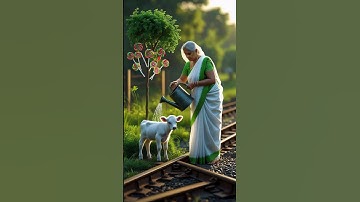 Grandmother and little cow planted lolipop  tree on railway track 😭 #cow #ai #tree #shorts