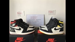 Comparison Real Vs Fake Air Jordan 1 Not For Resale Red And Yellow