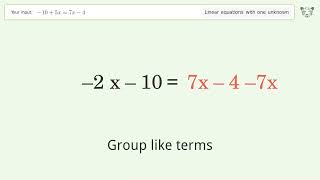 Linear equation with one unknown: Solve -10+5x=7x-4 step-by-step solution