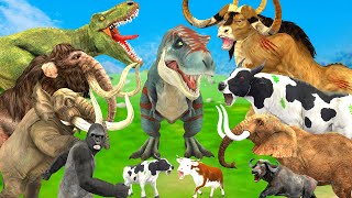 Giant Dinosaur vs Bull Gorilla Cow Buffalo Saved By Mammoth Elephant Gorilla vs T-rex Animal Revolt