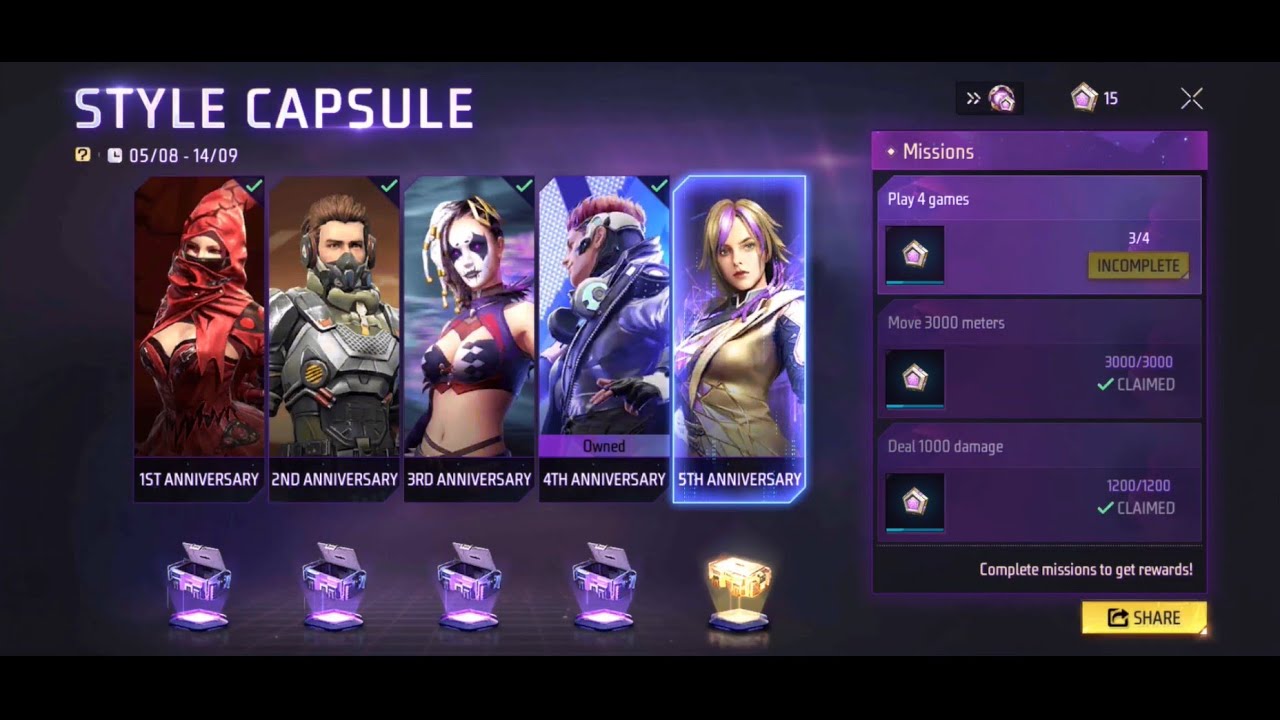 5th Anniversary Style Capsule Event All Missions Completed Free Choice Crate & More! | Free Fire