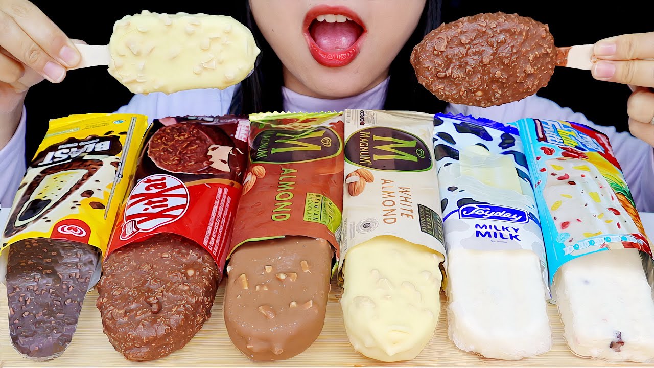 ASMR CHOCOLATE AND WHITE ICE CREAM, KITKAT ICE CREAM, MAGNUM WHITE ALMOND, GLICO WINGS TUTTI FRUTTI