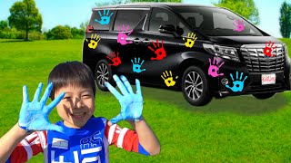 洗車 手形スタンプ！？ ママに怒られた！ おゆうぎ こうくんねみちゃん Hand stamp on car