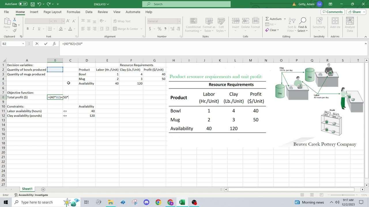 ENGL410: How To Solve a Two Resource Optimization Problem in Excel