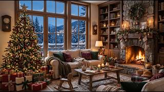 Cozy Christmas Eve in a Mountain Cabin, Falling Snow, Glowing Tree & Fireplace Sounds 4K