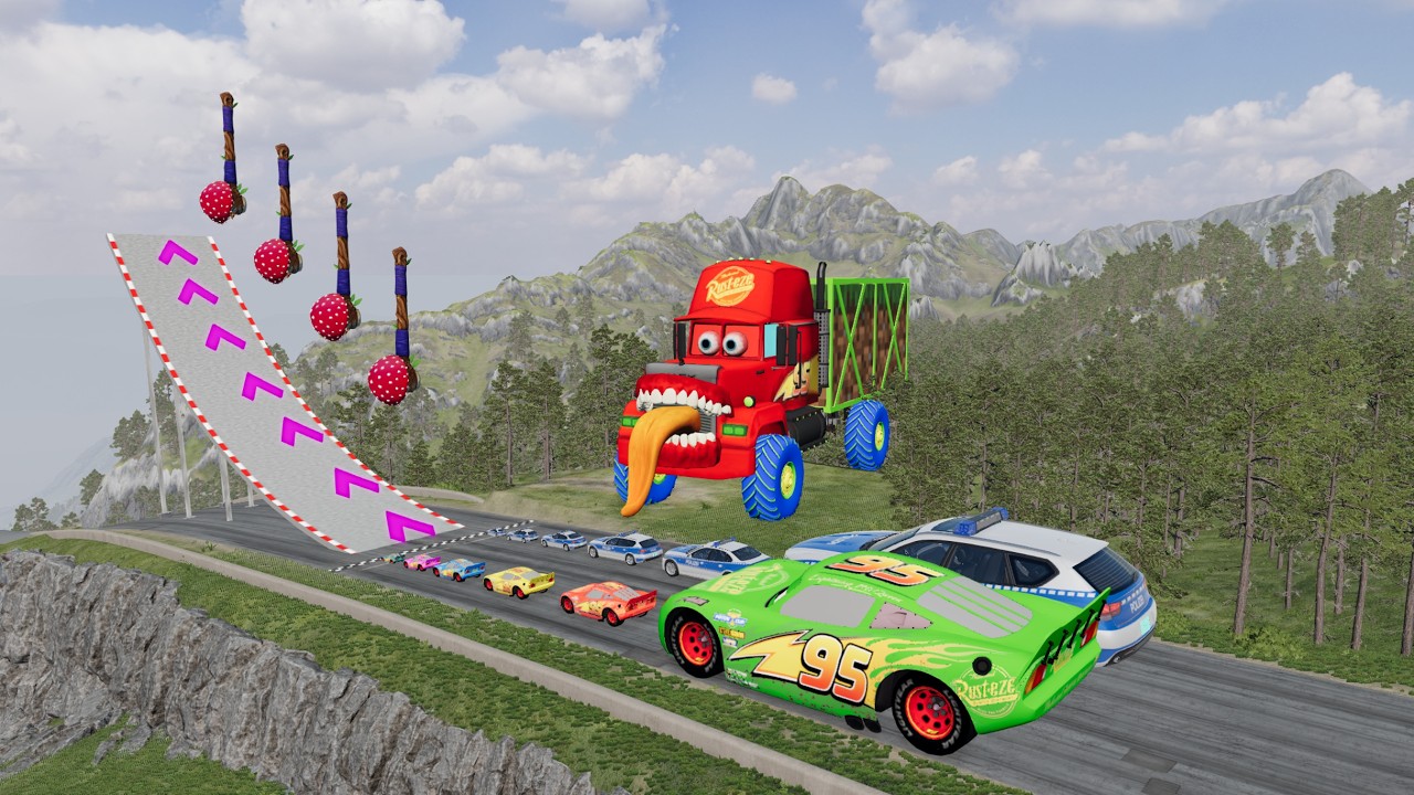 Big & Small McQueen & Police car vs Zombie Mack & GIANT RAMP! -BeamNG.drive