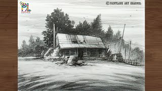 How to draw Damaged Wooden House In The Landscape || Easy Pencil Art