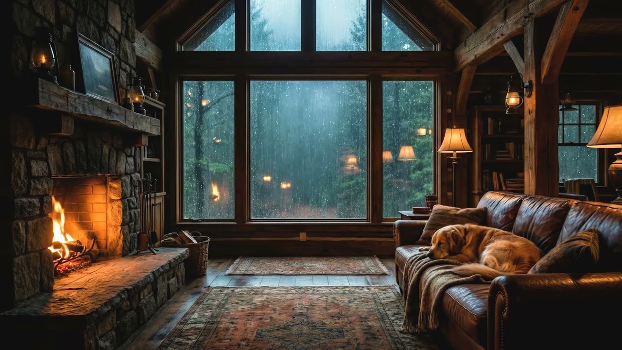 🌧️Rainy Window, Crackling Fire, Sleepy Dog | 8H ASMR | 🌧️빗물 맺힌 창가, 장작 타는 소리와 강아지 | 4시간 휴식 ASMR