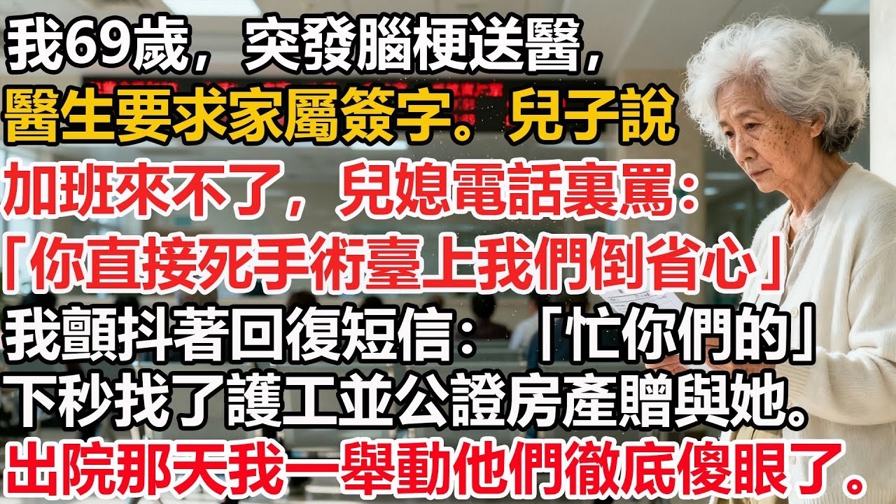 【我69歲】突發腦梗送醫，醫生要求家屬簽字。兒子說加班來不了，兒媳電話裏罵：「你直接死手術臺上我們倒省心」我顫抖著回復短信：「忙你們的」下秒找了護工並公證房產贈與她。出院那天我一舉動他們徹底傻眼了。