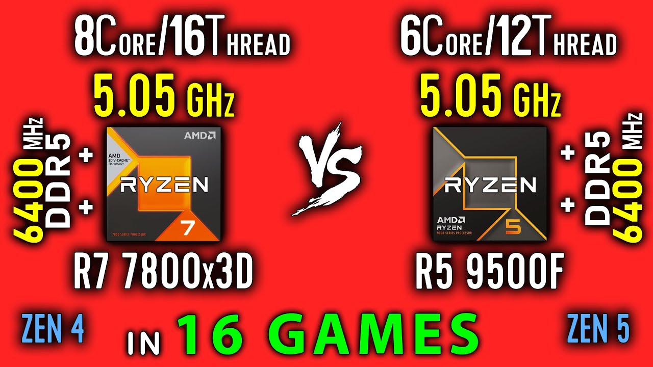 Ryzen 7 7800X3D vs Ryzen 5 9500F Test in 16 Games | R7 7800x3D vs R5 9500F  Thermal Power Efficiency