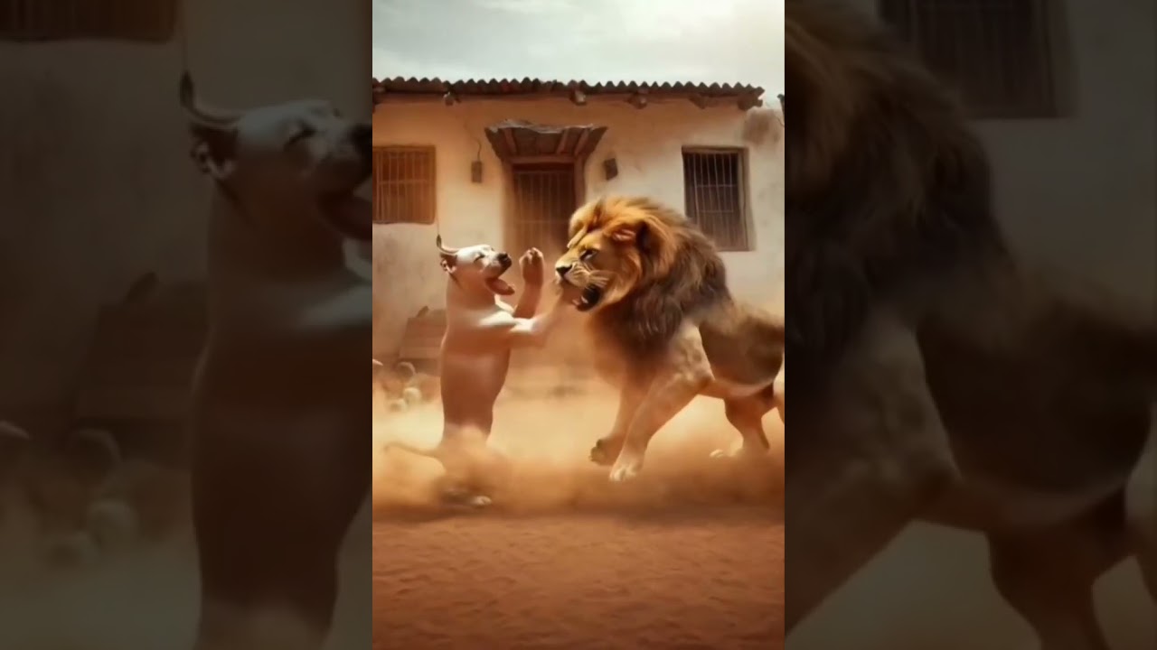 Dog versus lion battle scene
