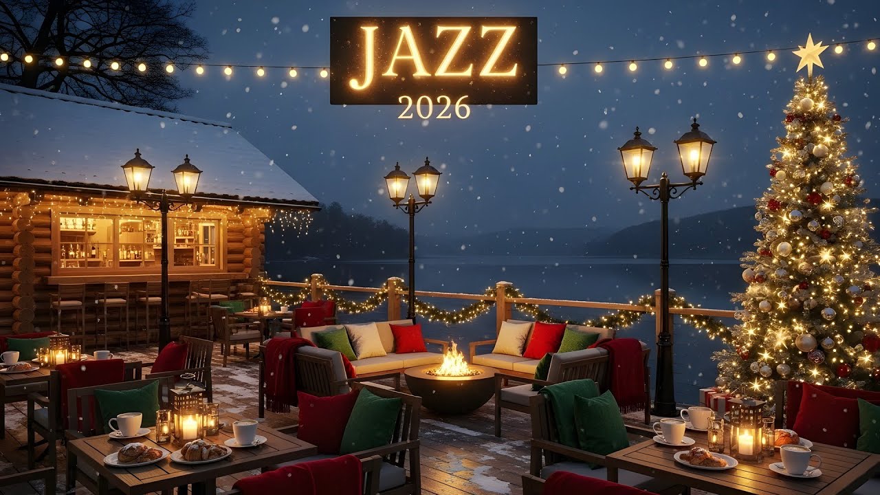 Fireplace & Snow Christmas Jazz ❄️ Quiet Mountain Terrace Café Ambience for Calm Winter Evenings