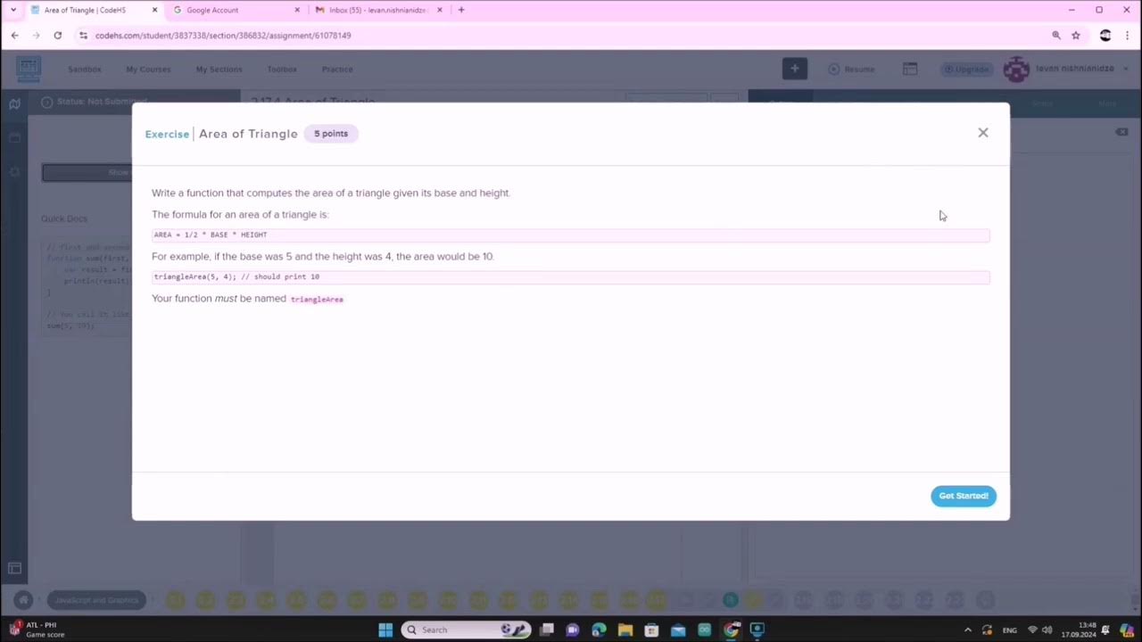 JavaScript 2.17.4 სავარჯიშო Area of triangle / codehs.com ...