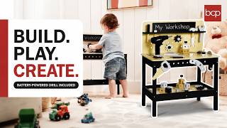 Wooden Kids Workbench w/ Battery-Powered Drill, Tool Set & Storage