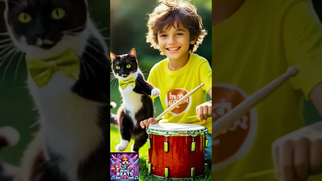 Boy Plays Dhol | Cute Kitten in Tuxedo Tap Dancing 🥁🐱✨