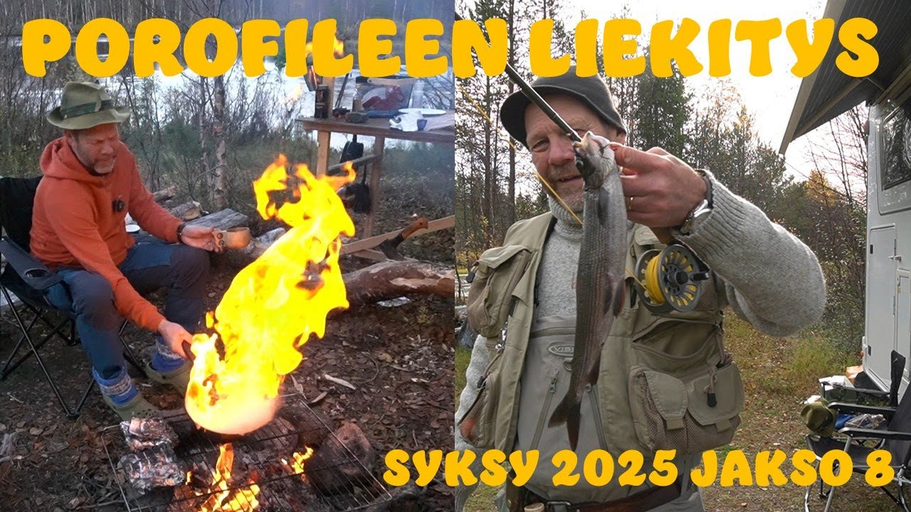 Puskaparkki Kittilän Pokassa Kapsajoen rannalla asuntoautolla. Porofileen liekitys ja poroburger