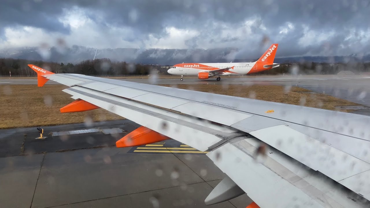 [4K] WET & RAINY Geneva Takeoff | GVA | EasyJet | A319-111 | U21351 | OE-LQL