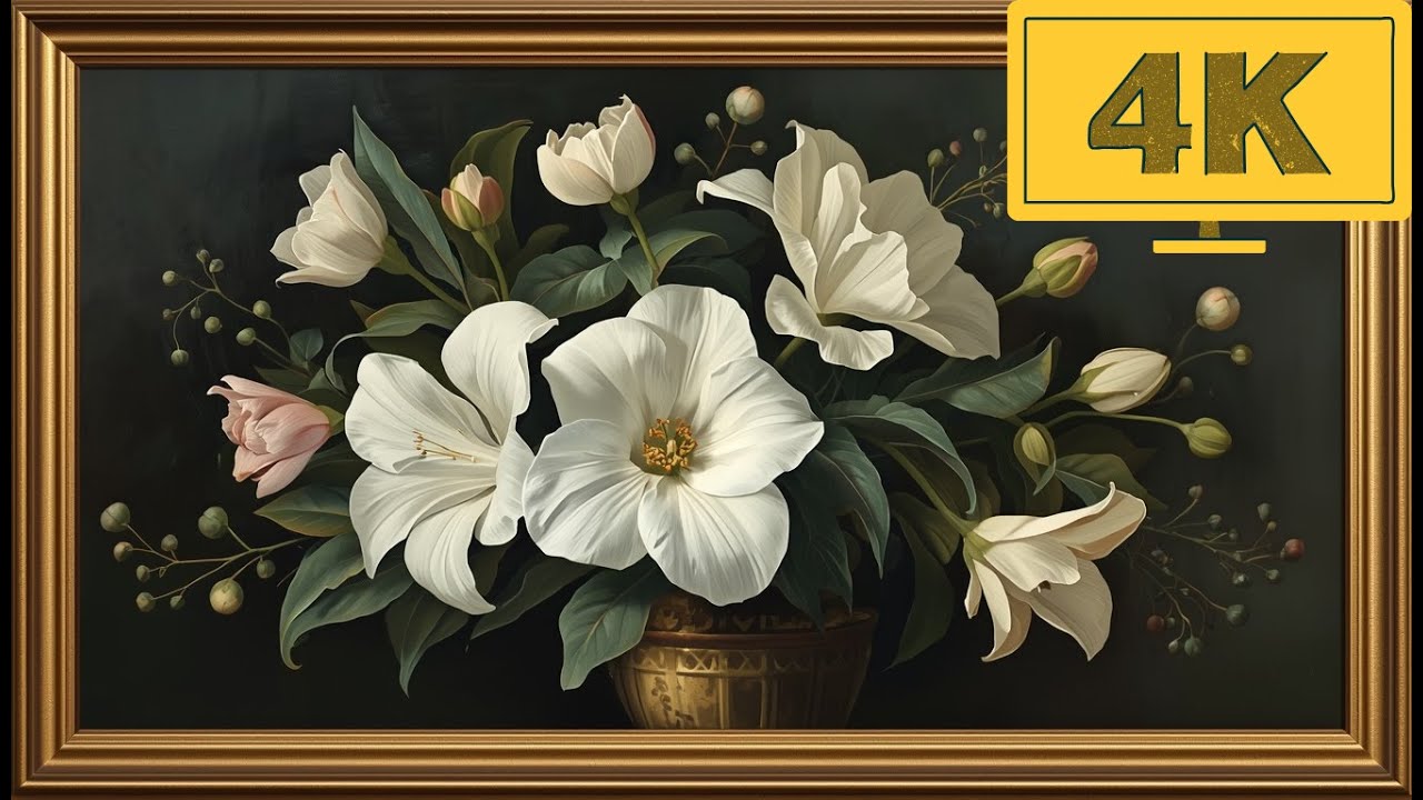 4K TV WALLPAPER Elegant White Flower Painting | Classic Floral Fine Art