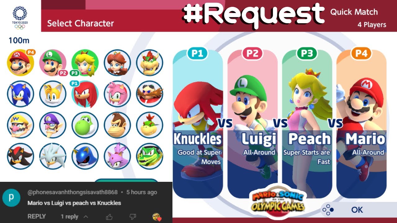 MARIO AND SONIC AT TOKYO 2020 : Gameplay (4 Players) Knuckle VS Luigi VS Peach VS Mario