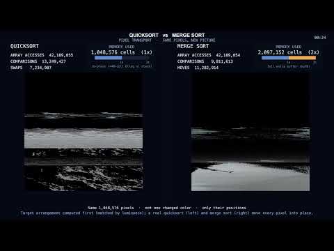 Quicksort vs Merge Sort — Turning Earthrise Into Earthset (Same Pixels, 4K)