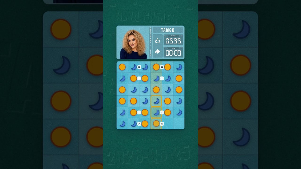 LinkedIn Tango #595 solved board for May 25, 2026, 6x6 grid