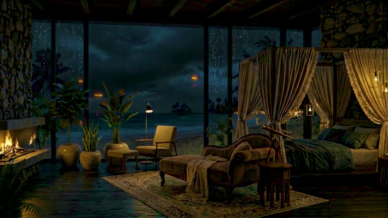 Heavy Rain & Ocean Waves at Night with Crackling Fireplace | ASMR Sleep Ambience