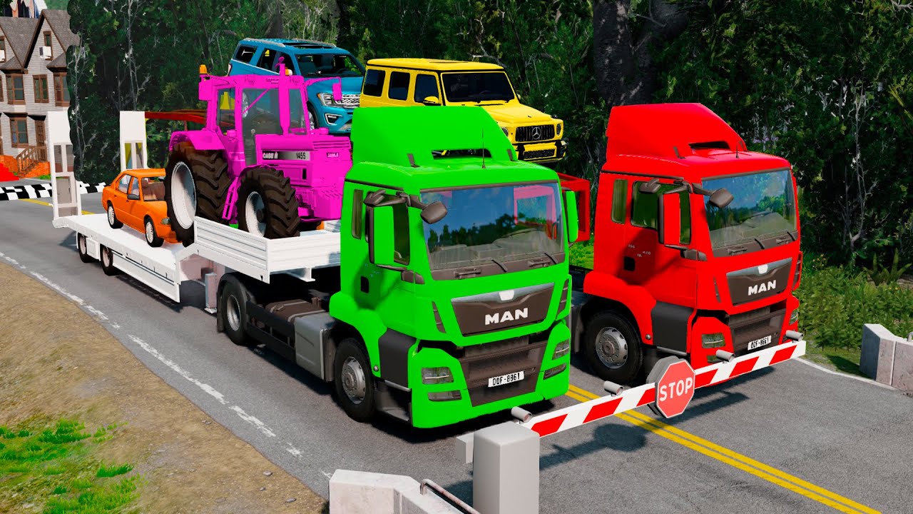 Double Flatbed Trailer Truck vs Speedbumps vs Train vs Cars | Tractor vs Train Beamng.Drive #009