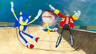 GTA 5 Sonic,Tails Vs Eggman, Knuckles Water Ragdolls \& Jumps Fails ep.15 (Euphoria Physics)