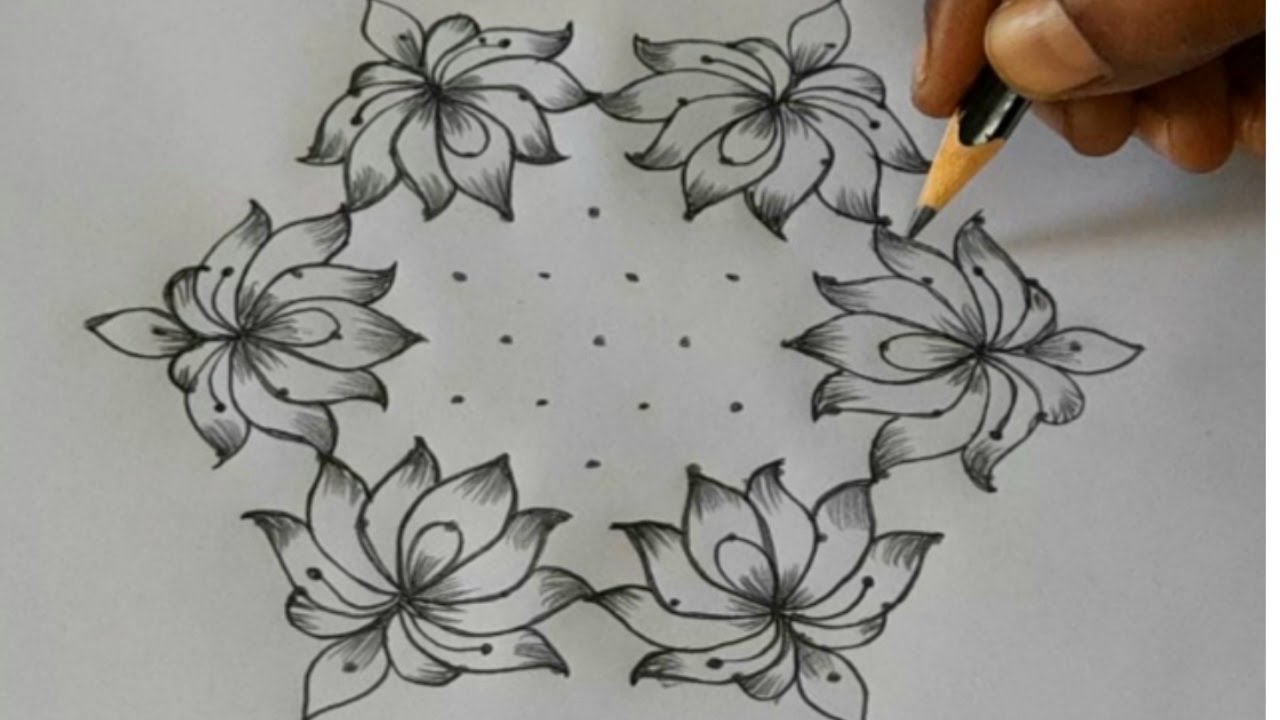 11*6 dots amazing lotus design pencil art rangoli/ simple flower ...