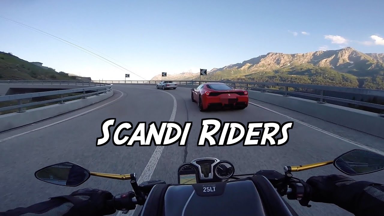 Scandi Riders! BMW Ninet VS. Ferrari 458 in the Swiss Alps.