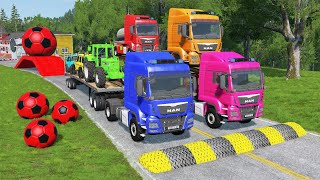 Double Flatbed Trailer Truck vs Speedbumps Train vs Cars | Tractor vs Train Beamng.Drive 08