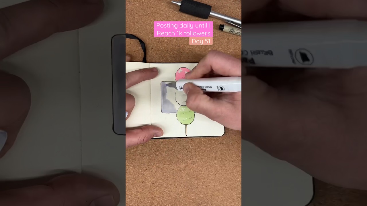 “Dango” daily post 51. Japanese snack, speed drawing in sketchbook. Ink & markers.