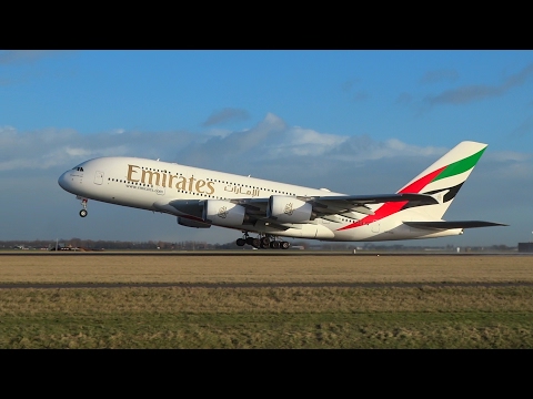 Emirates A380 A6-EUD Windy takeoff from Schiphol.Int