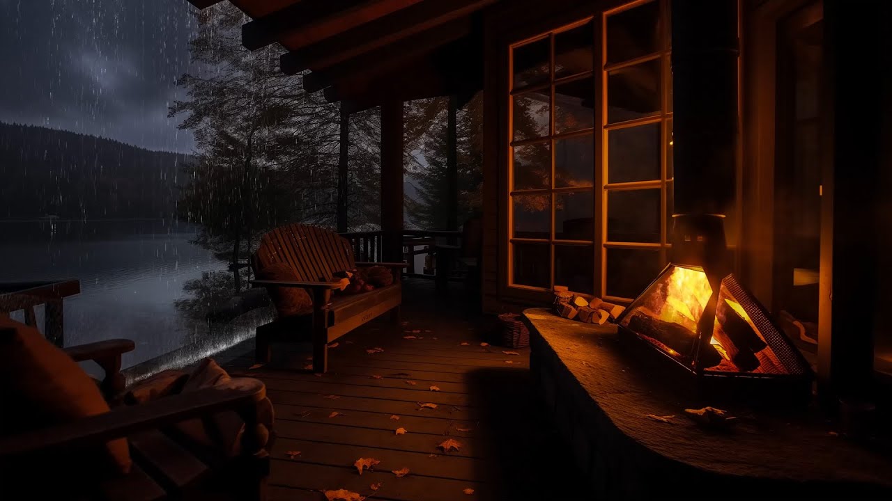 Cozy Cabin Porch in the Rain with Crackling Fireplace & Rain Sounds for ...