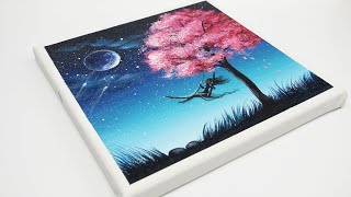 Daily Challenge #13 | Acrylic | Girl on a swing The Night | Cherry blossom Painting