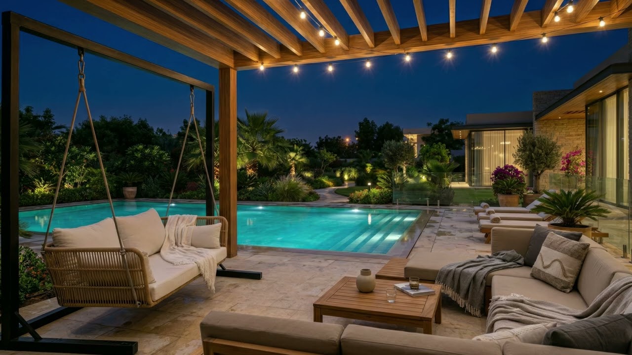 Luxury Night Garden Oasis | Modern Pool, Hanging Daybed & Cozy Outdoor Living Design
