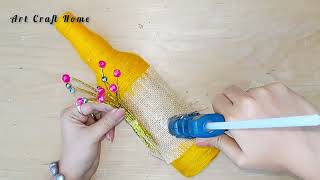 Glass bottle decoration ideas with wool |Glass bottle decor idea| jute craft - Recycling Craft ldeas