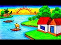 Beautiful Village Sunset Drawing for Beginners | River and House Scenery